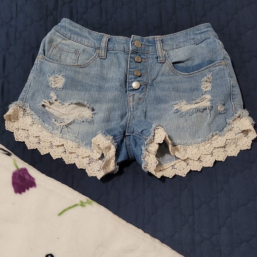 Mossimo Supply Co. Blue and Cream Jean Shorts with Lace Trim